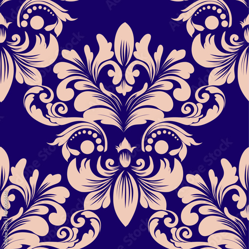 Seamless vintage damask pattern with intricate floral and ornamental designs. This classic, elegant design is perfect for wallpapers, textiles, wrapping paper, and interior decor. 