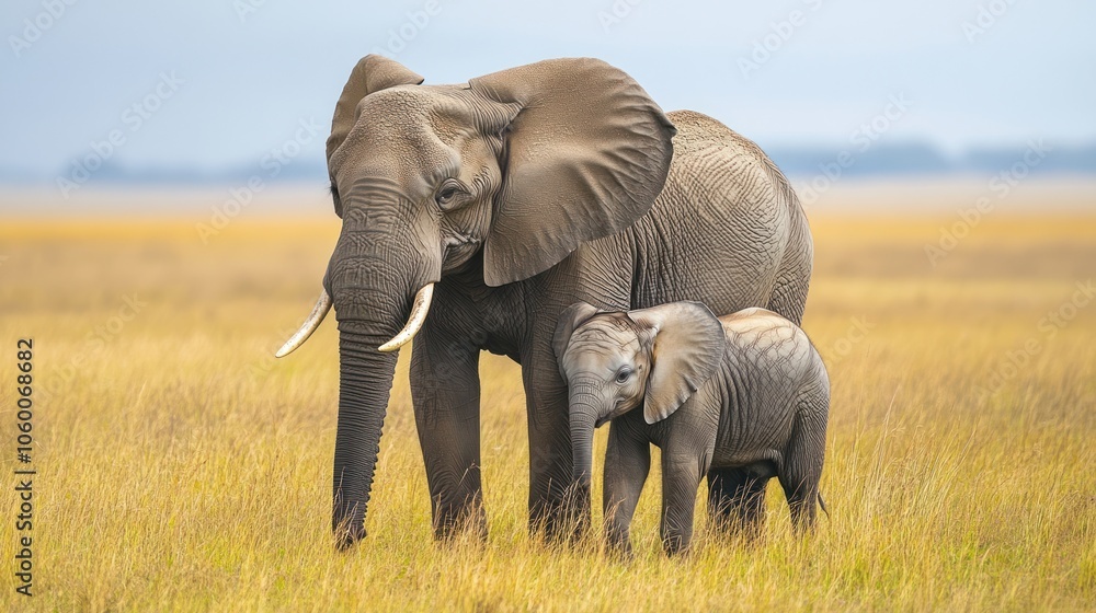 Fototapeta premium A mother elephant stands protectively beside her young calf in a grassy landscape.