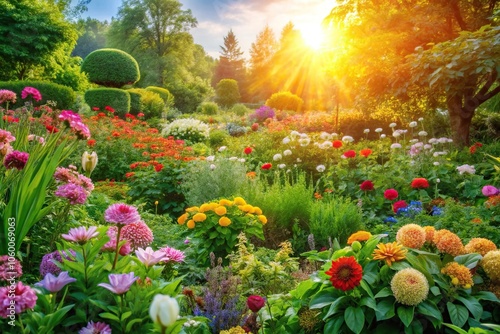 A lush green garden with vibrant flowers blooming in the sunlight, landscaping, plant growth