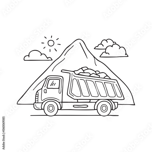 Dump truck carrying rocks near a sand quarry hill