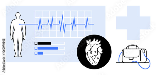 Human figure with heart rate monitor, heart graphic, data bars, medical cross and doctors bag. Ideal for healthcare, medical studies, cardiology hospital management, health monitoring