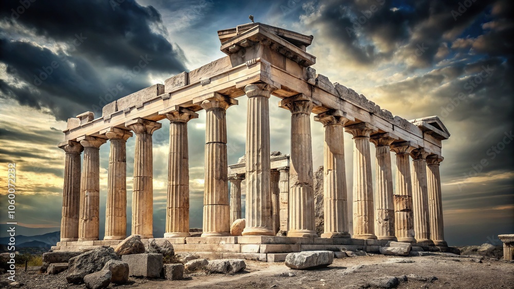 Fototapeta premium Ancient Greek temple ruins with crumbling columns on a silver background, forgotten, architecture
