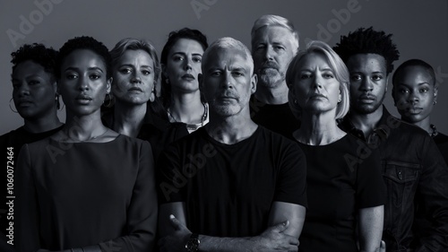 A dramatic black-and-white portrait of a diverse group of individuals standing together,