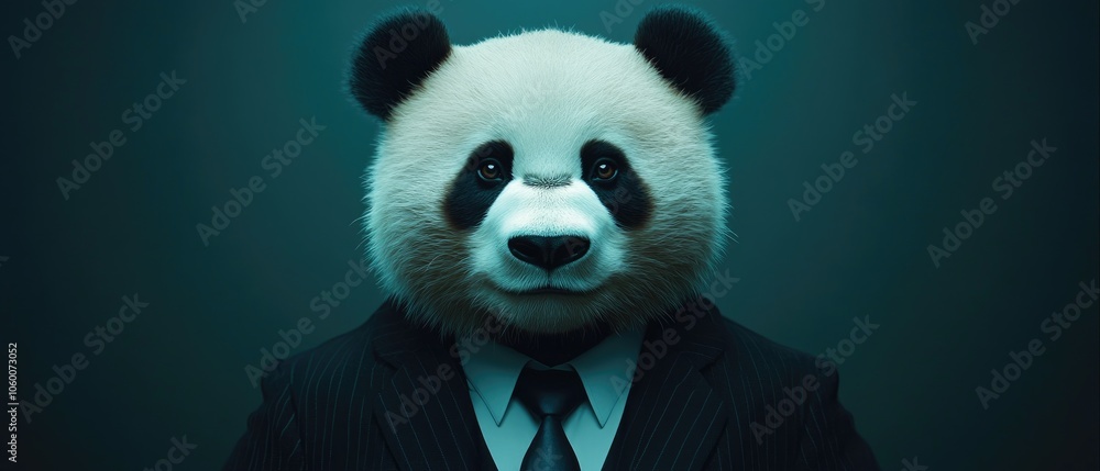 A panda wearing a suit and tie, looking directly at the camera. A panda wearing a suit and tie, looking directly at the camera.
