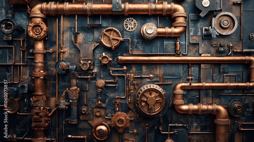 A rusty metal surface with copper pipes, gears, and other industrial elements. A rusty metal surface with copper pipes, gears, and other industrial elements.