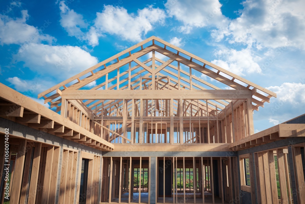 Fototapeta premium Wooden House Frame Under Construction, Residential Building Project with Blue Sky Background