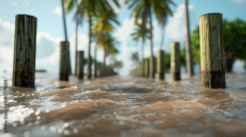 A stunning AIrendered image showcasing the dramatic aftermath of a flooded coast posthurricane, highlighting natures fury. photo