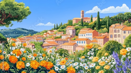 Picturesque view of Grasse, France with vibrant flower fields and traditional perfume distilleries under a clear blue sky, perfect for travel or perfume industry related content Generative AI photo