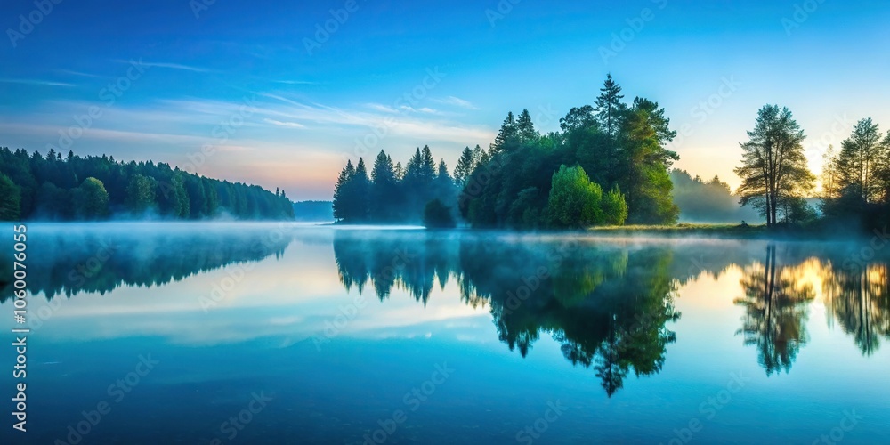 Obraz premium A serene lake at dawn with a teal blue water surface reflecting the surrounding trees and misty atmosphere, lake, scenery