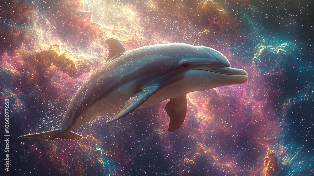 Fototapeta premium Detailed image of a graceful dolphin swimming through space surrounded by colorful nebulae and distant planets