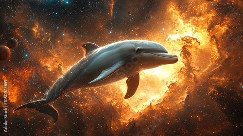 Detailed image of a graceful dolphin swimming through space surrounded by colorful nebulae and distant planets photo