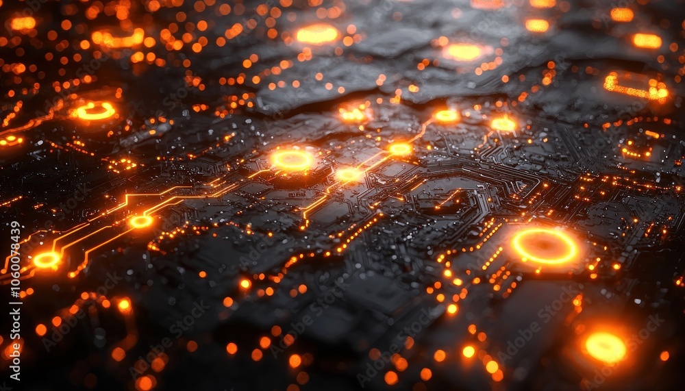 Fototapeta premium Abstract Circuit Board with Glowing Orange Lines and Lights