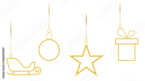 Set of 4 hanging christmas ornaments in golden color, star, bauble, sledge and gift