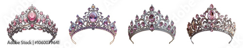 Set of ornate Silver Tiara with Pink Gemstones isolated on transparent background