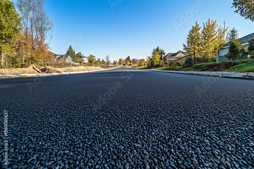 Newly constructed road with fresh asphalt in autumn.Recently poured asphalt on a forest road photo