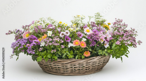 beautiful basket of colorful flowers arranged neatly, showcasing vibrant mix of purple, pink, and yellow blooms, perfect for brightening any space