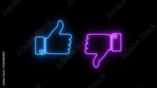 Neon Purple Like/Dislike Buttons: Glowing 3D Thumb Icons for Social Media Interaction and Approval in Abstract Design