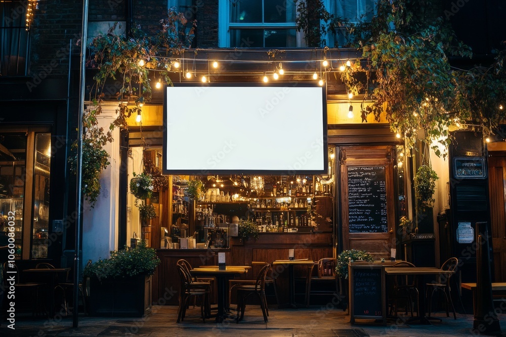 Obraz premium Empty advertising board outside trendy restaurant in vibrant urban environment at night