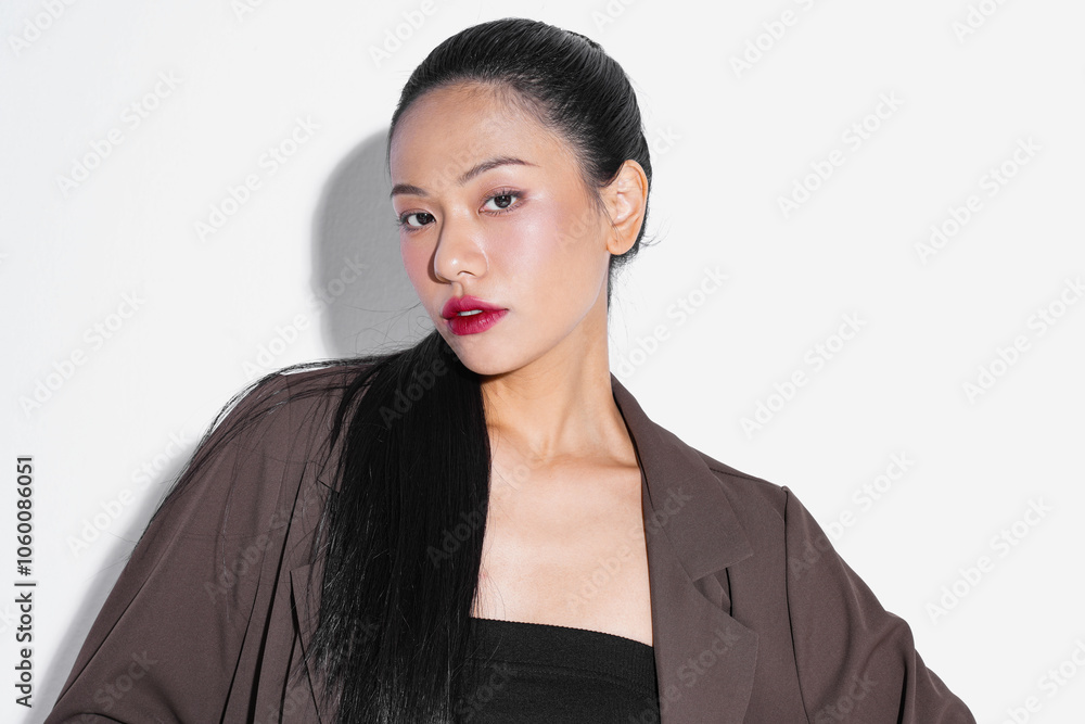 ジャケットを着た若いアジア女性のスタイリッシュなポートレート ジャケットを着た若いアジア女性のスタイリッシュなポートレート