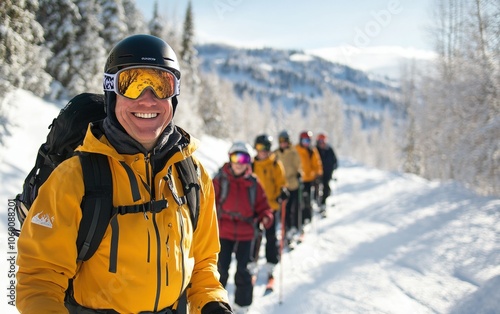 Wallpaper Mural Ski Instructor with a Group: A friendly, experienced ski instructor guiding a small group down a scenic trail on a sunny day, with picturesque  Torontodigital.ca