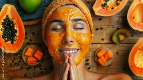 Woman with Papaya Facial Mask Surrounded by Fresh Fruit