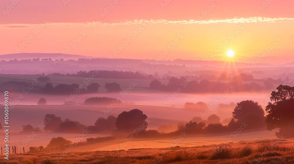 Fototapeta premium A breathtaking sunrise over a peaceful countryside, with golden rays painting the sky in hues of pink and orange.