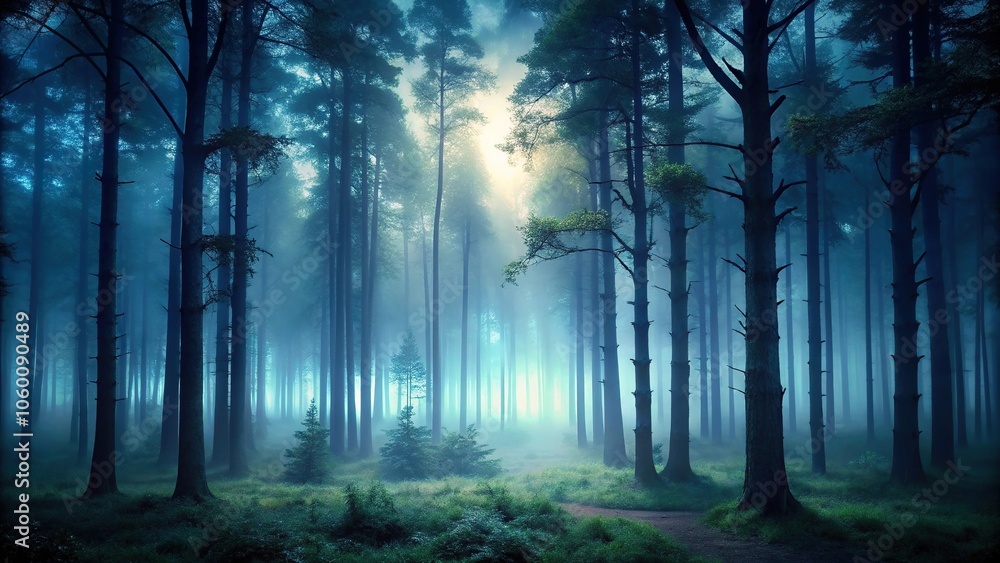 Fototapeta premium Dark forest landscape with tall trees and misty atmosphere at dusk, darkness, mist, seclusion