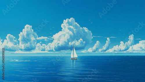 Seascape. Illustrations that look like a scene from an anime or game. Blue sky, sun, clouds, sunset, night, fog, snow, rain, autumn, cherry blossoms, etc. photo