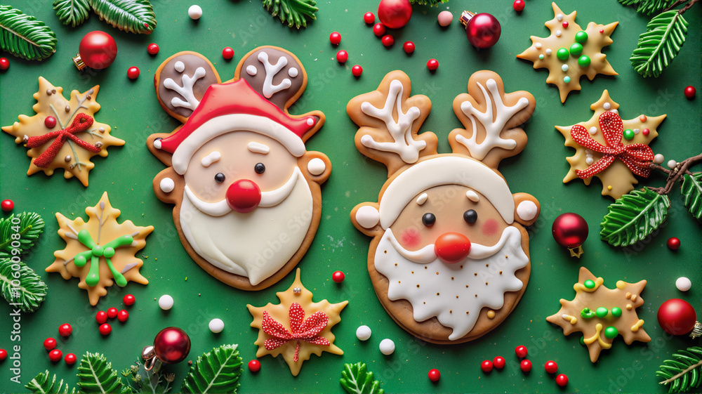 Fototapeta premium Santa and reindeer Christmas cookies with holiday decorations