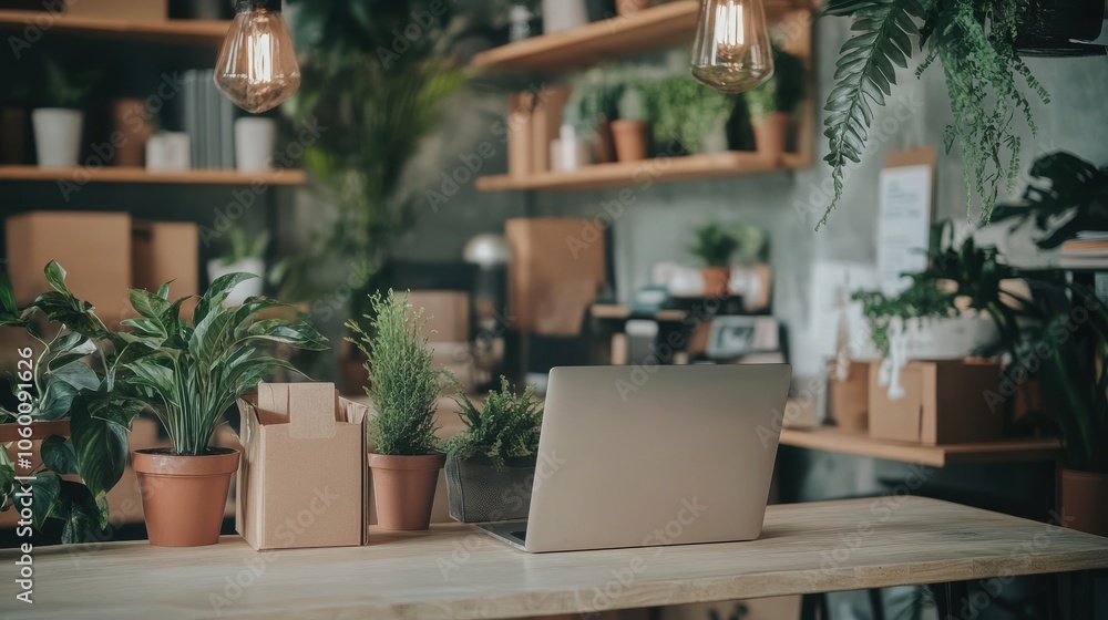 Fototapeta premium Modern Workspace with Laptop and Greenery