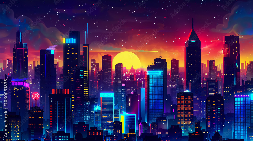 Obraz premium A bustling cityscape at night, with skyscrapers glowing under vibrant neon lights.