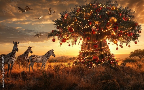 South Africa â€“ South African holiday postcard with a safari-inspired Christmas scene, featuring a baobab tree decorated with holiday lights and ornaments, 