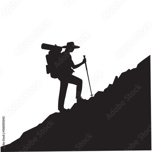 Hiking Man with Backpack Standing on Hilltop for Outdoor Logo Design