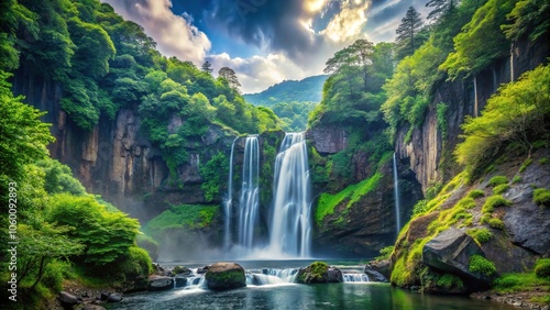 Dramatic Japanese landscape with a waterfall cascading down a rocky cliff, waterfall, scenery
