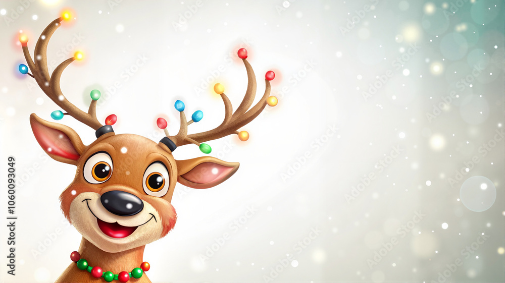 Fototapeta premium Cartoon reindeer with colorful lights on antlers
