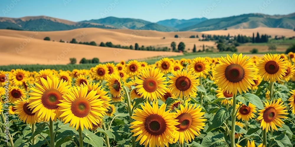 Obraz premium Field of blooming sunflowers in the Umbrian countryside with rolling hills in the background, agriculture, rolling hills, sunny