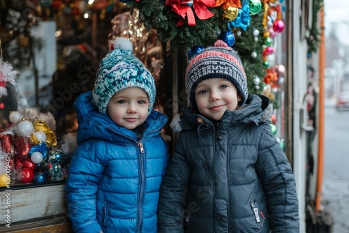 Children enjoying the festive atmosphere by a shop window adorned with new year s decorations photo