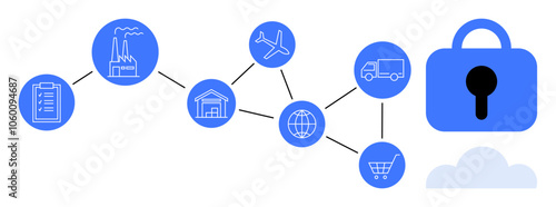 Connected icons showcasing clipboard factory warehouse airplane globe truck shopping cart and a lock, Ideal for supply chain management logistics transportation security ecommerce and data protection
