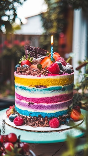 Vibrant Birthday Cake with Berries and Chocolate Shavings for Cooking Subreddit, 80s Synthwave Aesthetic photo