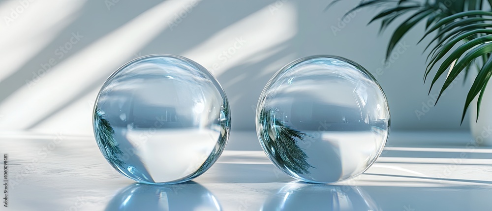 Two Clear Glass Spheres on a White Surface with Sunlight and Plant Shadows. Two Clear Glass Spheres on a White Surface with Sunlight and Plant Shadows.