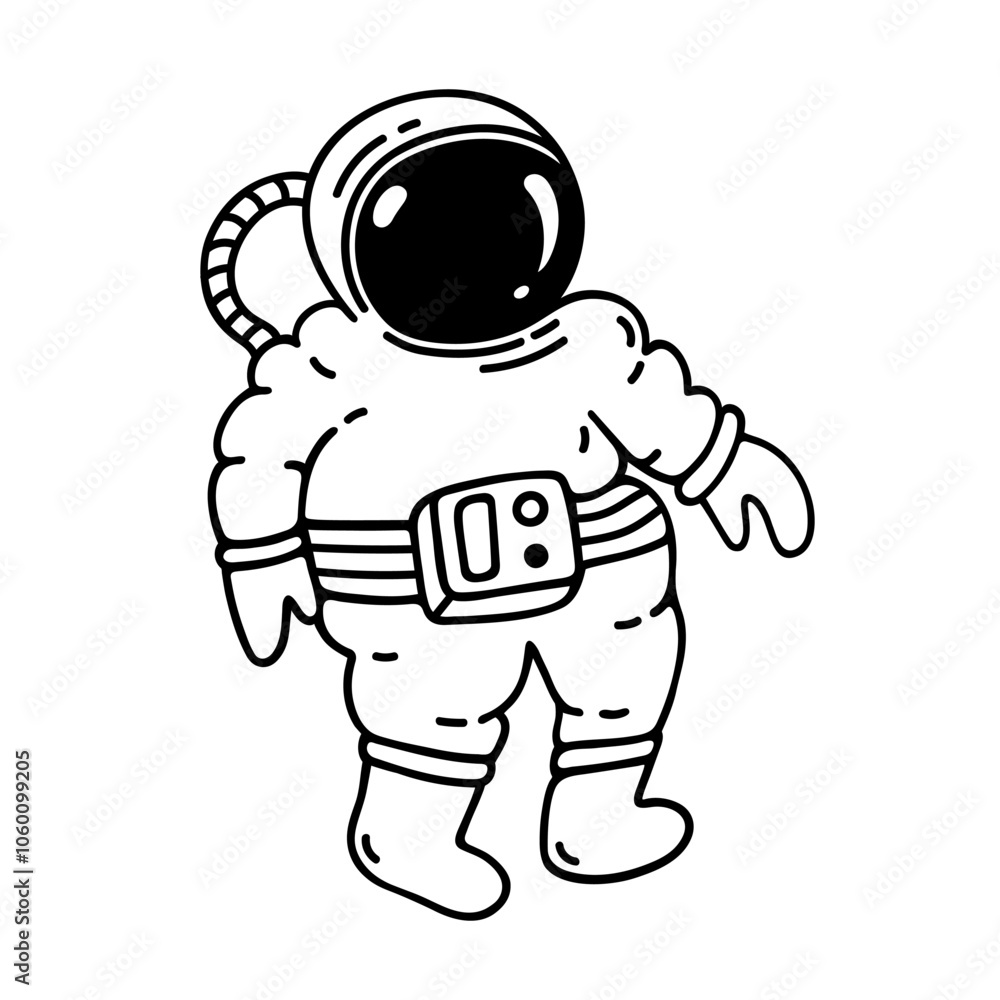 Obraz premium Astronaut vector icon. Hand drawn character in protective spacesuit with helmet. Cosmonaut in outer space. Simple black and white sketch, coloring for kid. Futuristic adventure, astronomy doodle