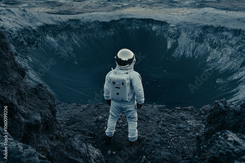 Lonely astronaut navigating a barren landscape, discovering craters and embracing solitude photo