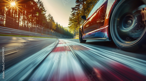 High-Performance Car Racing on the Nürburgring Nordschleife Track with Sharp Turns and Forested Surroundings, Capturing Speed and Intensity photo