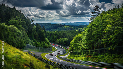 High-Performance Car Racing on the Nürburgring Nordschleife Track with Sharp Turns and Forested Surroundings, Capturing Speed and Intensity