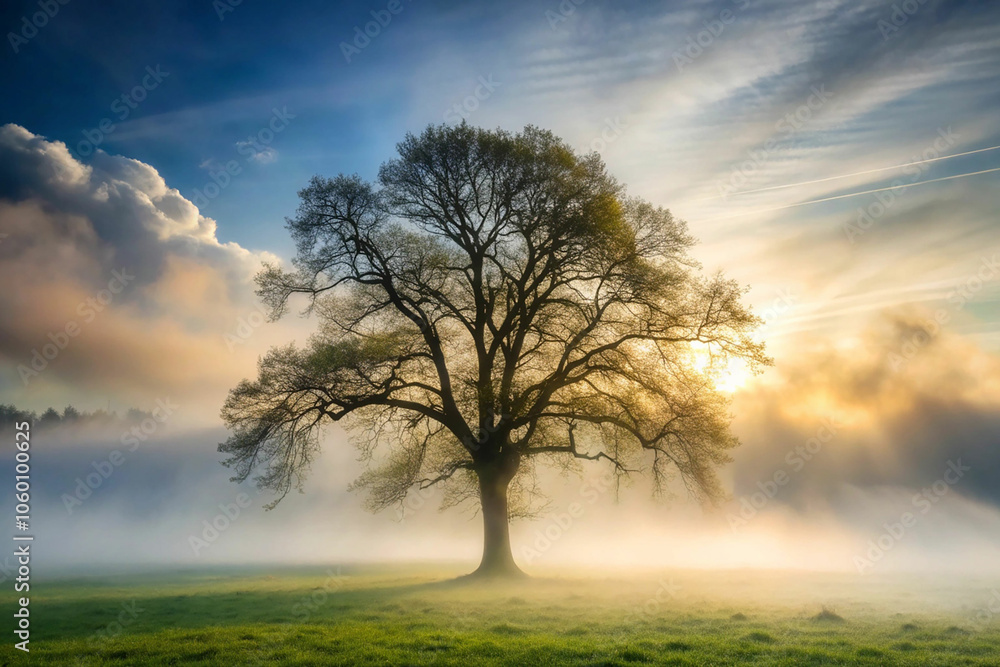 Fototapeta premium mountain meadow in morning light. countryside springtime landscape with valley in fog behind the forest on the grassy hill. fluffy clouds on a bright blue sky. nature freshness concept 