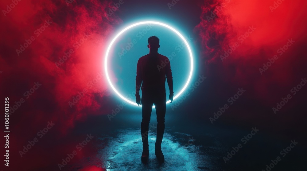 Fototapeta premium Silhouette of a man in a futuristic portal