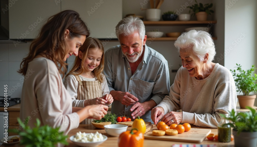 A joyful family gathering in a cozy kitchen, preparing a delicious meal together amidst cheerful chatter A joyful family gathering in a cozy kitchen, preparing a delicious meal together amidst cheerful chatter