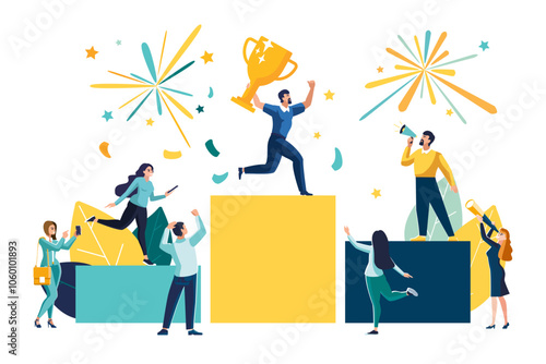 Vector illustration. People stand on the podium first, second and third place. The best result is the winner, a prize. Sports, teamwork. Businessman with golden victory cup. Financial success, poster