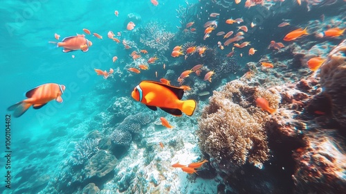 Colorful Fish Swimming in Pristine Coral Reef photo