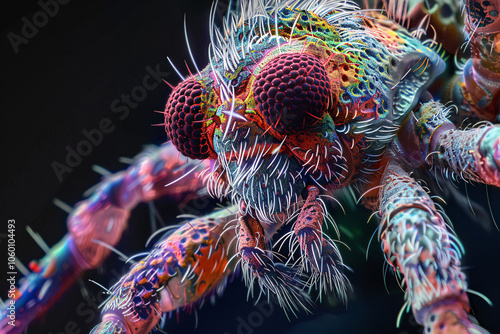 Macro close-up of a vividly colored insect with complex textures, large compound eyes, and intricate details, resembling an alien creature under magnification photo